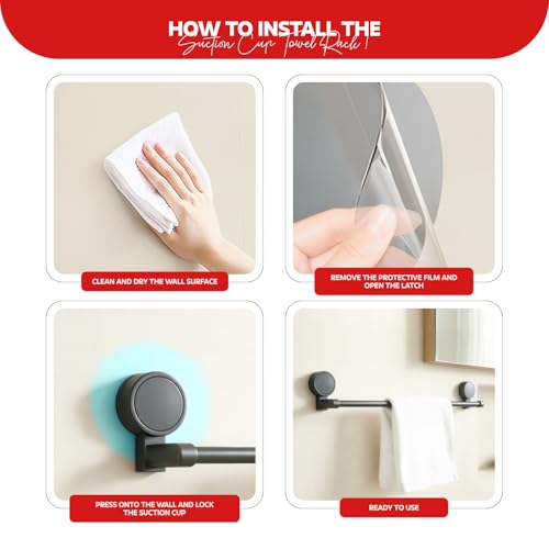 Image of MIORAH Suction Towel Holder for Bathroom - Rust - Free Powder Coated Wall Mounted Towel Rack No Drill Towel Rack Modern Bathroom Accessories Organizer Grey