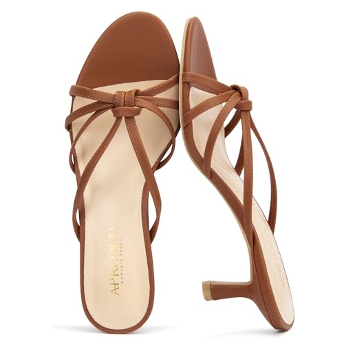 AprCoco Women's Strappy Kitten Heels Knotted Open Round Toe Heels Slip On Mule Heeled Sandals for Women Wedding Party Dressy Summer,Size 08,Brown by AprCoco - Used condition - US$34.19