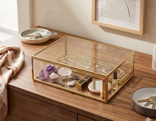 Image of Art India Collections Vintage Rectangular Brass Glass Box, Multiutility Purpose - Jewelry Organizer, Decorative Accent, Wedding Bridal Party Gift 18X12X5 Cm