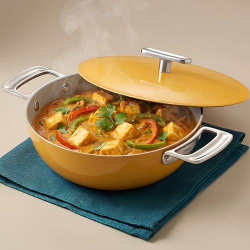 Image of Ember Cookware Arcilla Ceramic Kadai 24 cm, 2.6L with Metallic Lid | 75% Less Oil Usage | Non-Toxic Non-Stick Ceramic Kadai | PFAS & PFOA Free | Steel Handle- Induction Cookware | Benares Gold