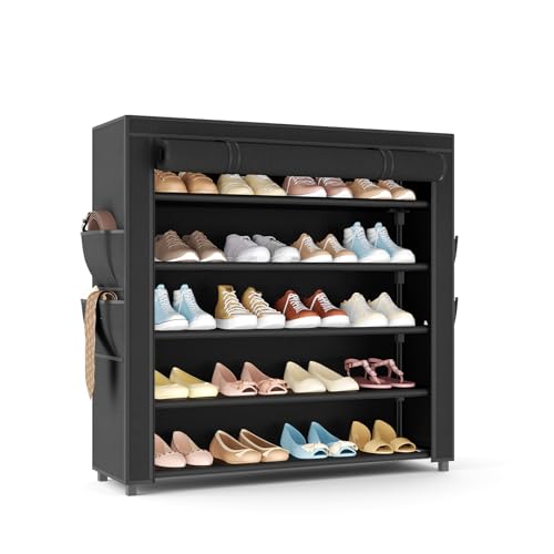 Image of LANTEFUL Shoe Rack with Covers 5 Tier Tall Shoe Rack Organizer Large Capacity Shoe Shelf Storage 20-24 Pairs Space Saving Free Standing Shoe Storage Organizer for Closet, Entryway, Dorm, Black