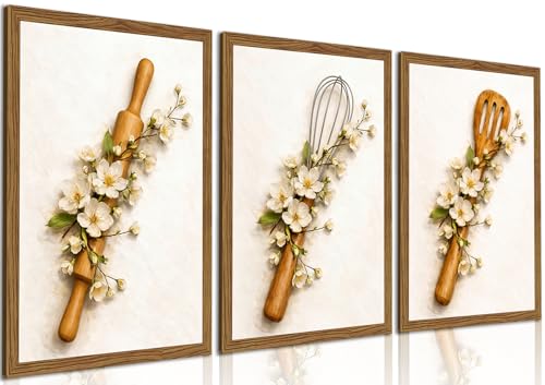Modern Kitchen Wall Decor Set of 3 Framed Canvas Prints – Minimalist Botanical Floral Plant Artwork with Kitchen Utensil Design for Dining Room, Farmhouse Home Decor, 12x16 Inch