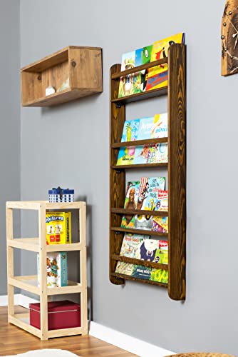 Image of Handmade Solidwood Wall Mounted Montessori Kids Bookshelf, 4 Tier Book Display for Children Bedroom, Nursery Furniture Bookcase, Wood Pine Tree Book Organiser for Living Room (Walnut)