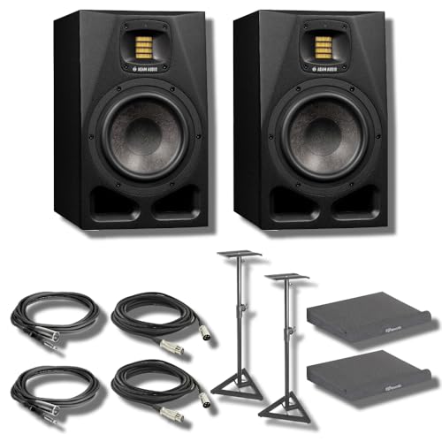 Image of Adam Audio A7V Studio Monitor (Pair) with On-Stage Stands SMS6000-P Studio Monitor Stands, Large Isolation Pads, Balanced Interconnect Cables, and XLR Cables