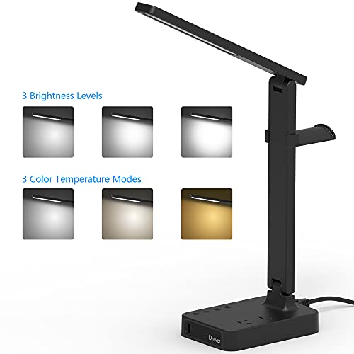 Drevet LED Desk Lamp with Headphone Stand, Desk Light with 1 USB Charging Port and 2 AC Power Outlet, 3 Lighting Modes, 3 Level Brightness,1H Timer, Memory Function, Eye-Caring Gaming Desk Lamp - Thumbnail 2