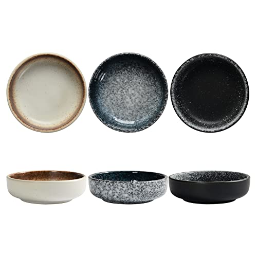 Ceramic Soy Sauce Dish set, Dipping Bowls Set of 6, Chip and Dip Bowls, Japanese Style 3 oz Round Small Dish for Dipping Sushi Tomato Soy Sauce Dish Condiment Finger Dishes Circular