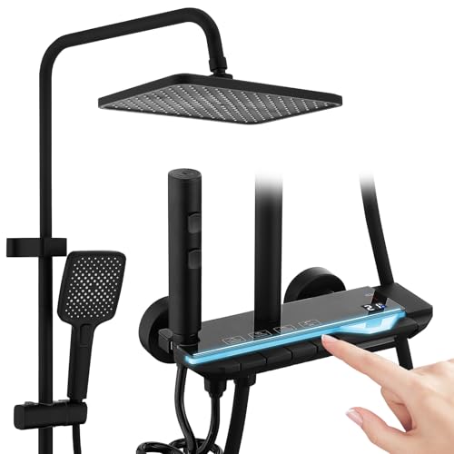 HOMELODY Robinet de douche complet avec étagère en verre - Douche à effet pluie avec robinet et 30 cm - Robinet de douche avec bouton piano, 4 types de jet...