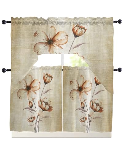 Country Elegant Floral Kitchen Curtains Swag Valance and Tier Curtains Set 36 Inch Length, Rod Pocket Drape Panels Pair Swag Curtains for Bathroom/Cafe/Window Spring Summer Farmhouse Flower Retro Ink