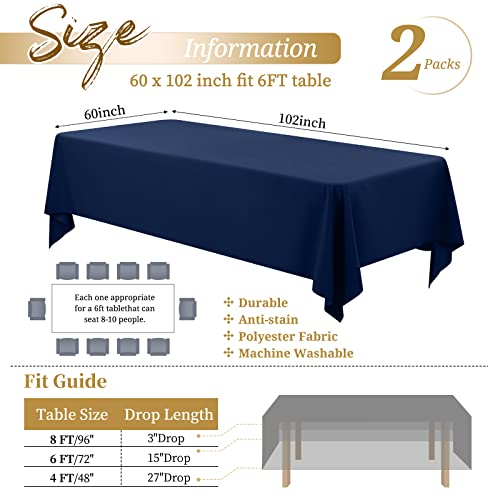 Showgeous 2 Pack Navy Blue Polyester Tablecloth for 6ft Rectangle Tables 60 x 102 Inch Rectangular Fabric Table Clothes Washable Blue Table Covers for Wedding Banquet Restaurant Buffet Parties Camping - Image 2