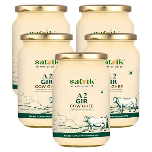 Image of SATVIK PURE GHEE A2 Gir Cow Ghee 1 Litre Churned From Vedic Bilona Method Bilona Ghee A2 Cow Desi Ghee (Pack of 5)