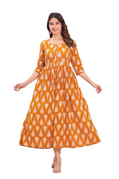 Women Maternity Feeding Kurti | Gown | Dresses | Breastfeeding Kurti | Pure Cotton | Printed Nursing Wear | Ethenic wear | Frock for Women, Maxi Dress with Zip, Ankle Length, with 3/4 Sleeves