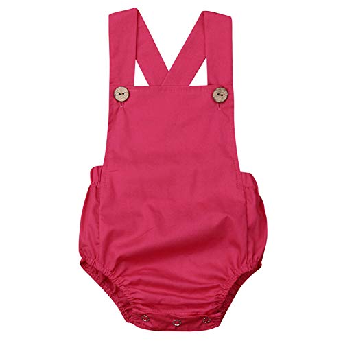 Baby Boys Girls Cotton Linen Rompers Solid Color Sleeveless Straps Backless Bodysuit 2-3T Rose Red