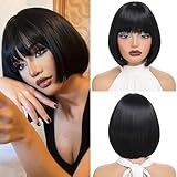 Lanseek 10 Inch Short Bob Wig with Bangs Synthetic Black Bob Wig for Women Natural Looking Heat Resistant Wig for Daily Party Cosplay