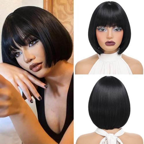 Lanseek 10 Inch Short Bob Wig with Bangs Synthetic Black Bob Wig for Women Natural Looking Heat Resistant Wig for Daily Party Cosplay
