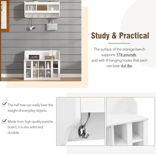 Image of Shoe Storage Bench with Shelves and 4 Hooks, Entryway Hall Tree with Shoe Cabinet with Coat Rack