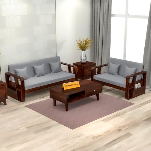 Image of Sheesham Wooden 5 Seater Sofa for Living Room | Solid Wood Sofa with Side Newspaper Holder | Rosewood Sofa Set for Home & Office | Lounge (Walnut Finish, 3+2 Seater)