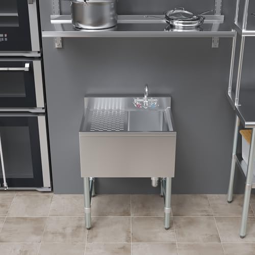 Image of AmGood One Compartment Stainless Steel Under bar Sink (Sink Size: 24 inchx19 inch, Single Bowl + 12 inch Left Drainboard)