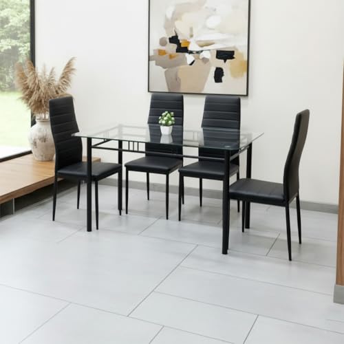 Image of Metal Dining Table Set with Clear 12 mm Thick Toughened Glass Top with Chair for Home Kitchen & Dining Room (Black Full Cushion, 4 Seater 2.5 x 4 feet)
