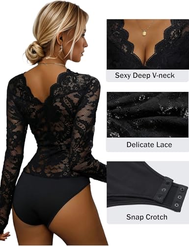 Everbellus Damen Sexy Spitze Body Anzüge Langarm Deep V Dessous Top Date Night Clubwear Schwarz Medium
