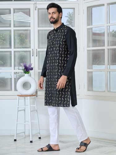 Image of See Designs Men's Full Sleeve Mandarin Collar Ethnic Motifs Embroidered Sequinned Mandarin Collar Straight Long Kurta with Pyjama - Festive Collection
