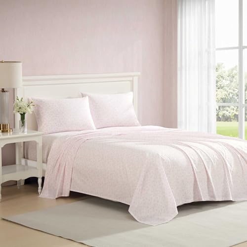 Image of Laura Ashley - Queen Size Sheet Set, Crisp & Lightweight Cotton Percale Bedding with Fitted Sheet and Pillowcases, Floral Room Decor, Deep Pocket, College Dorm Room Essentials (Floral Toile Pink)