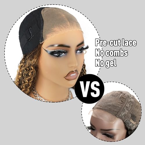 Image of Balayage Highlight Wear and Go Glueless Wig for Beginners 22 inch, Kinky Curly Glueless Wigs Human Hair Pre Plucked Pre Cut Ombre Blonde 4 /27, 6x4 HD Lace Front Wig for Black Women 200% Density