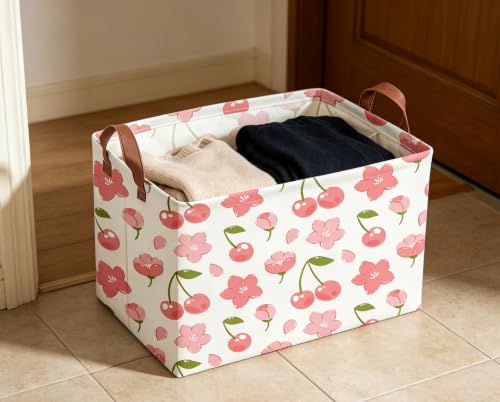 Image of Rectangular Cherry Basket Girls Baskets Storage Bins Room Decor Cute Organizer Box(Cherry)