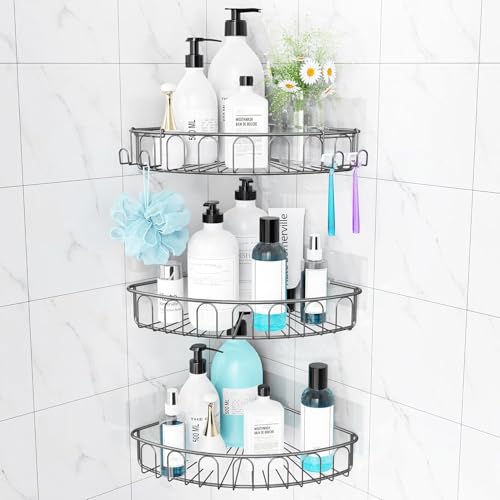 Orimade Corner Shower Caddy Stainless Steel with Hooks Wall Mounted Bathroom Shelf Storage Organizer Adhesive No Drilling 3 Pack, Grey Only for 90-Degree Corner by Orimade - Used condition - US$16.38