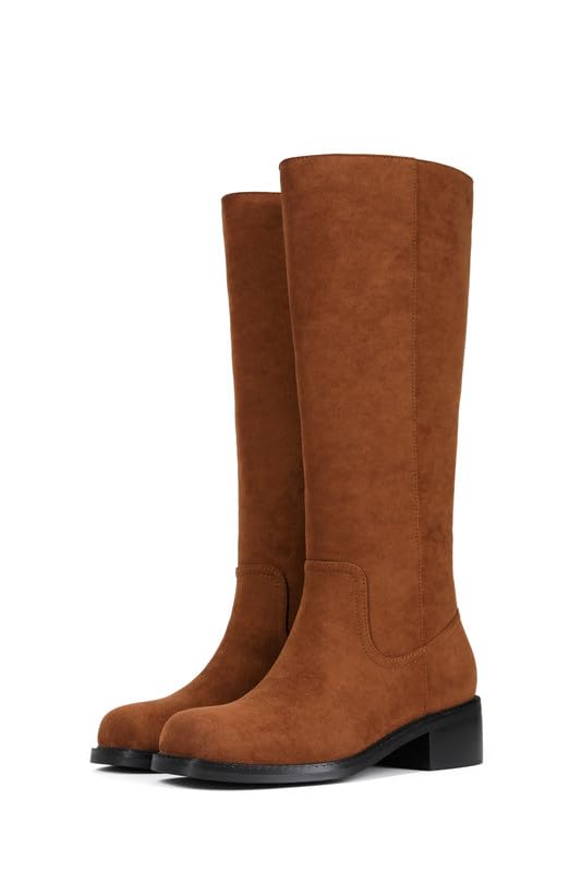 Image of ZJA Knee High Boots Square Toe Boots Low Heel Flat Long Boots for Women Dress Chunky Comfortable Tall Boots
