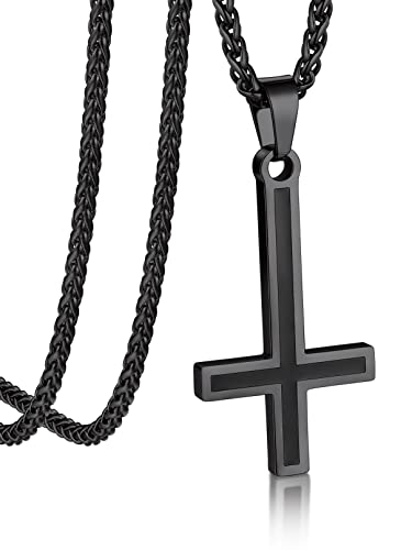 Bandmax Upside Down Cross Necklace for Men Women, Stainless Steel/Black St Pete Inverted Cross Pendant Chain 22