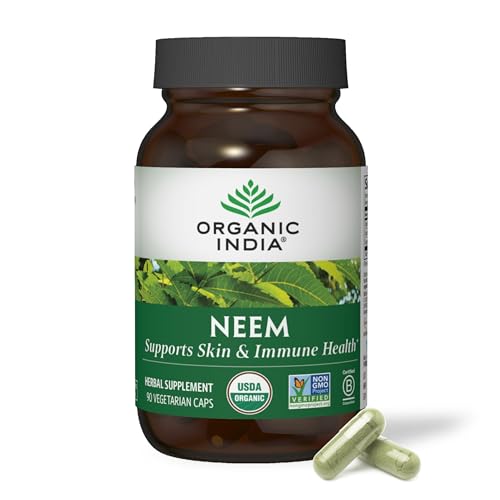 ORGANIC INDIA Neem Leaf Capsules - Herbal Supplement Supports Skin & Immune Health Vegan Gluten Free USDA Certified Organic - 90 Count