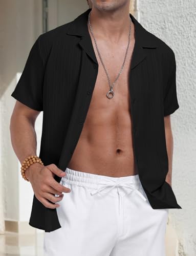 Men Short Sleeve Casual Button Down Shirt Lapel Collar Solid Beach Blouse3