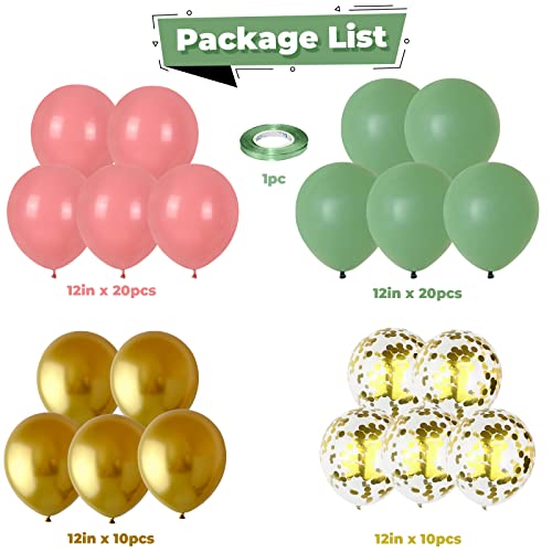 Image of Green Pink Balloons 12inch 60pcs Sage Green Dusty Pink Balloons for Jungle Birthday Party Decorations Metallic Gold Confetti Helium Latex Balloon Bridal Shower Wedding Wildflower Baby in Bloom