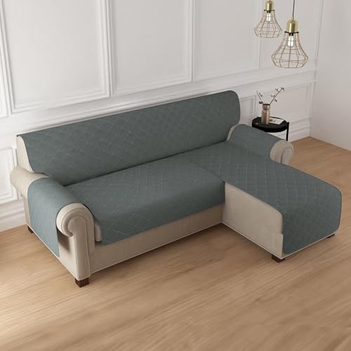 HOKIPO Polyester Quilted Reversible One Piece L Shape 4 Seater Sofa Cover Mat, Dark Grey (AR-5754-DGRY)