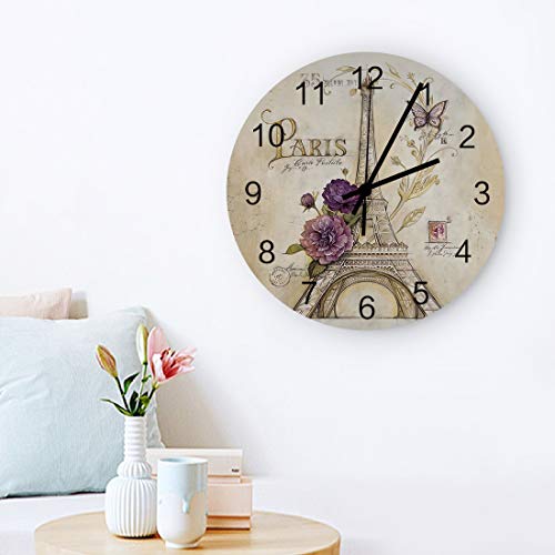 Analog Clock Small Digital Wall Wood Modern Alarm Clock Silent Non Ticking Battery Operate,Beige Architecture Paris Eiffel Tower Smart Gear Round 12 Inch Wall Clock Vintage Retro Romantic Bow Floral #TOP27