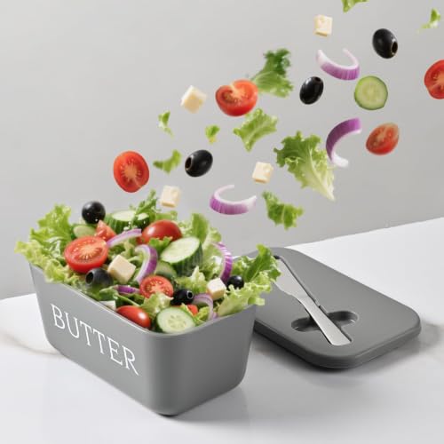 Image of Kyraton Large Plastic Butter Dish with Lid and Knife, Food Grade PP Butter Holder Keeper with Cover for Kitchen Refrigerator Butter Container (Grey)