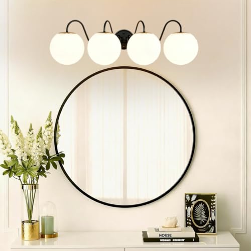Image of Vintage Matte Black Bathroom Vanity Light Fixtures Over Mirror 4 Lights