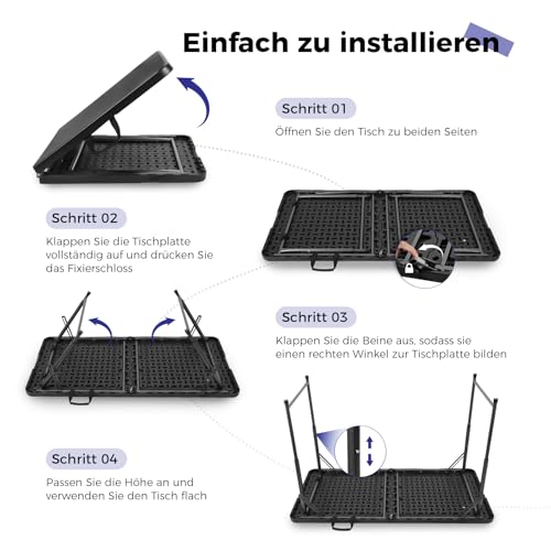 Byliable Klapptisch 120 cm tragbar, höhenverstellbar Campingtisch, Gartentisch Esstisch Partytisch klappbar faltbar, Outdoor Indoor, Schwarz