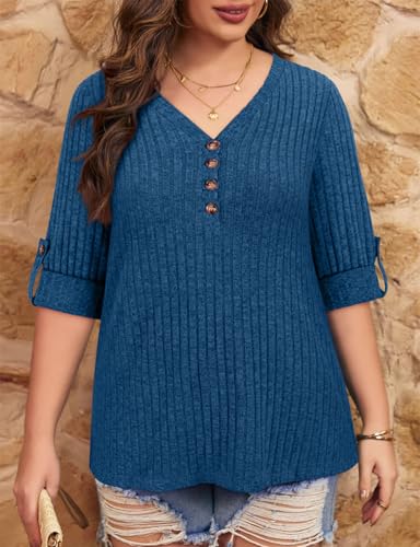 Image of Koscacy Women Plus Size V Neck 3 /4 Roll Sleeve Sweater Casual Knit Tops Solid Color Blouses