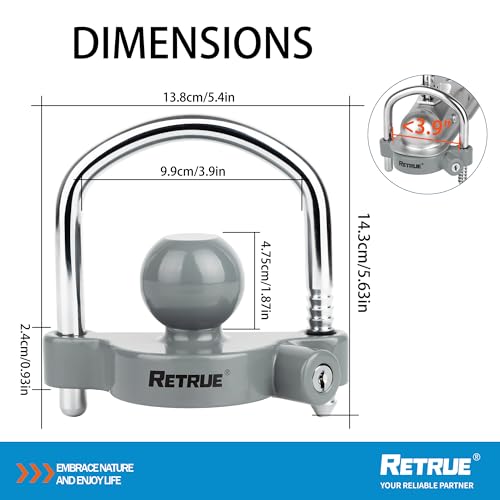 Image of RETRUE Universal Coupler Lock Trailer Locks Ball Hitch Trailer Hitch Lock Adjustable Security Heavy-Duty Steel Fits 1-7 /8 Inch, 2 Inch, 2-5 /16 Inch Couplers, Grey
