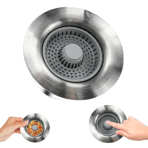 ADERTOS Colador de Fregadero 3 en 1, Tapón de Desagüe de Acero Inoxidable para Cocina, Cesta para Fregaderos de 70-86mm de Ancho (10.8 * 6cm)
