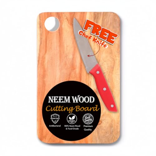Image of 100% Natural Neem Wood Chopping /Cutting Board for Kitchen -Chef Knife Included- Anti-Bacterial - Reversible - No Polish /No Dyes - Natural Color & Finish with Mineral Oils - Multi Block
