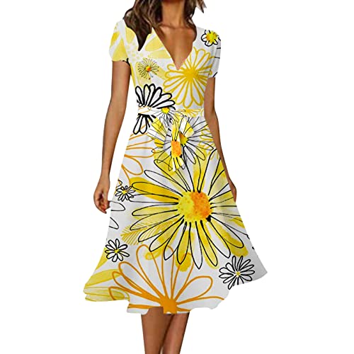 Howstar Vestidos de praia para mulheres, vestido midi de verão com decote em V, manga curta, amarrad