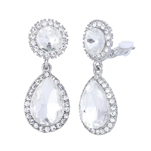 Elegant Crystal Teardrop Dangle Drop Clip on Earrings for Women (White) - image 1