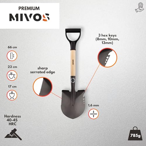 MIVOS Camping-Spaten aus Gehärtetem Borstahl - Länge 66 cm - Spatenschaufel - Survival-Schaufel mit Holzstiel - Kleiner Spitz-Spaten mit D-Griff - Grabspaten - Feldspaten - Made in EU