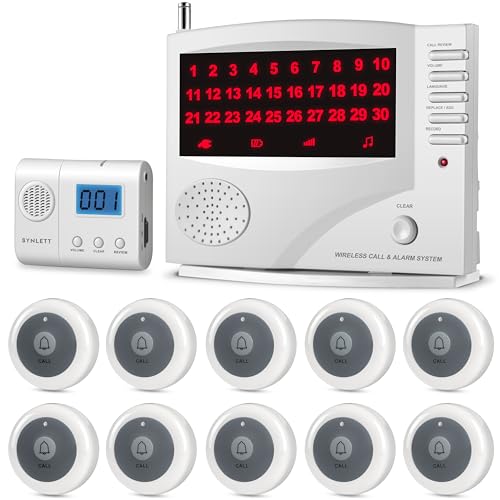 SYNLETT Nurse Call System Wireless Call System with 1 Portable Caregiver Pager 10 Call Buttons and 1 Central Monitoring Unit for Seniors Patients Clinic Emergency Nursing Care Home