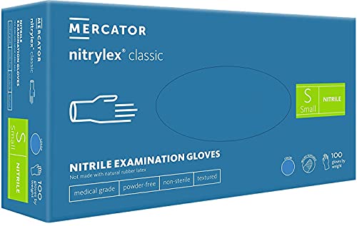 Nitrylex Mercator Guantes de nitrilo para examen médico, sin polvo, sin látex, texturizado, azul, pequeño, caja de 100 unidades Cover