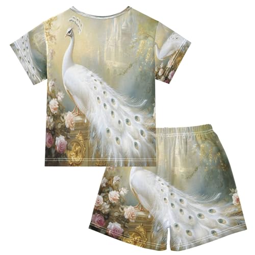 ALAZA White Peacock Peony Blossom Pajamas Set Short Sleeve Cotton Sleepwear Summer Pjs 2 Piece 5-14Y2