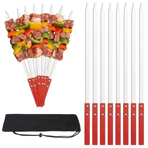 8 Stück Schaschlikspieße Edelstahl 42cm Flache Schaschlikspieße mit Tasche Grillspieße Edelstahl Wiederverwendbar Kebab Spieße für Fleisch Gemüse Lagerfeuer & Grillpartys Grillzubehö