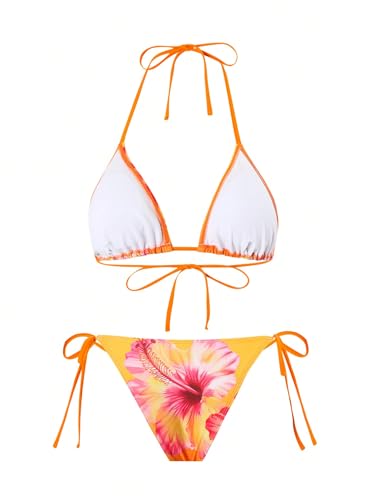 Image of ZAFUL Women's 3 Piece Swimsuit Floral Halter Triangle String Bikini Tie Side Bottom with Boho Cover Up Skirt